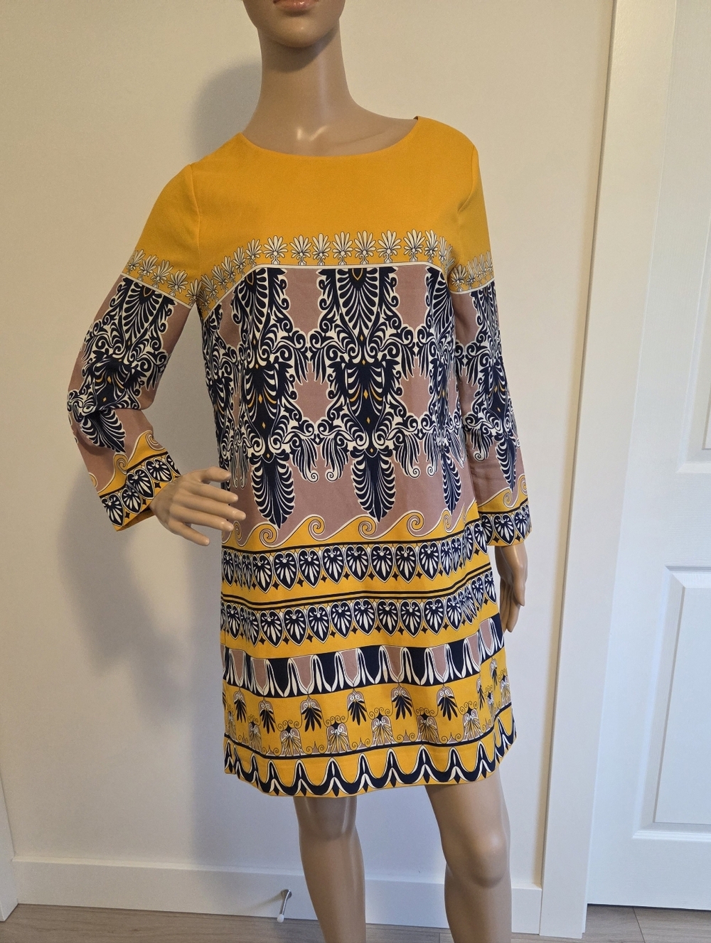 J.Crew Yellow & Navy Blue Jules Scroll Print Shift Dress